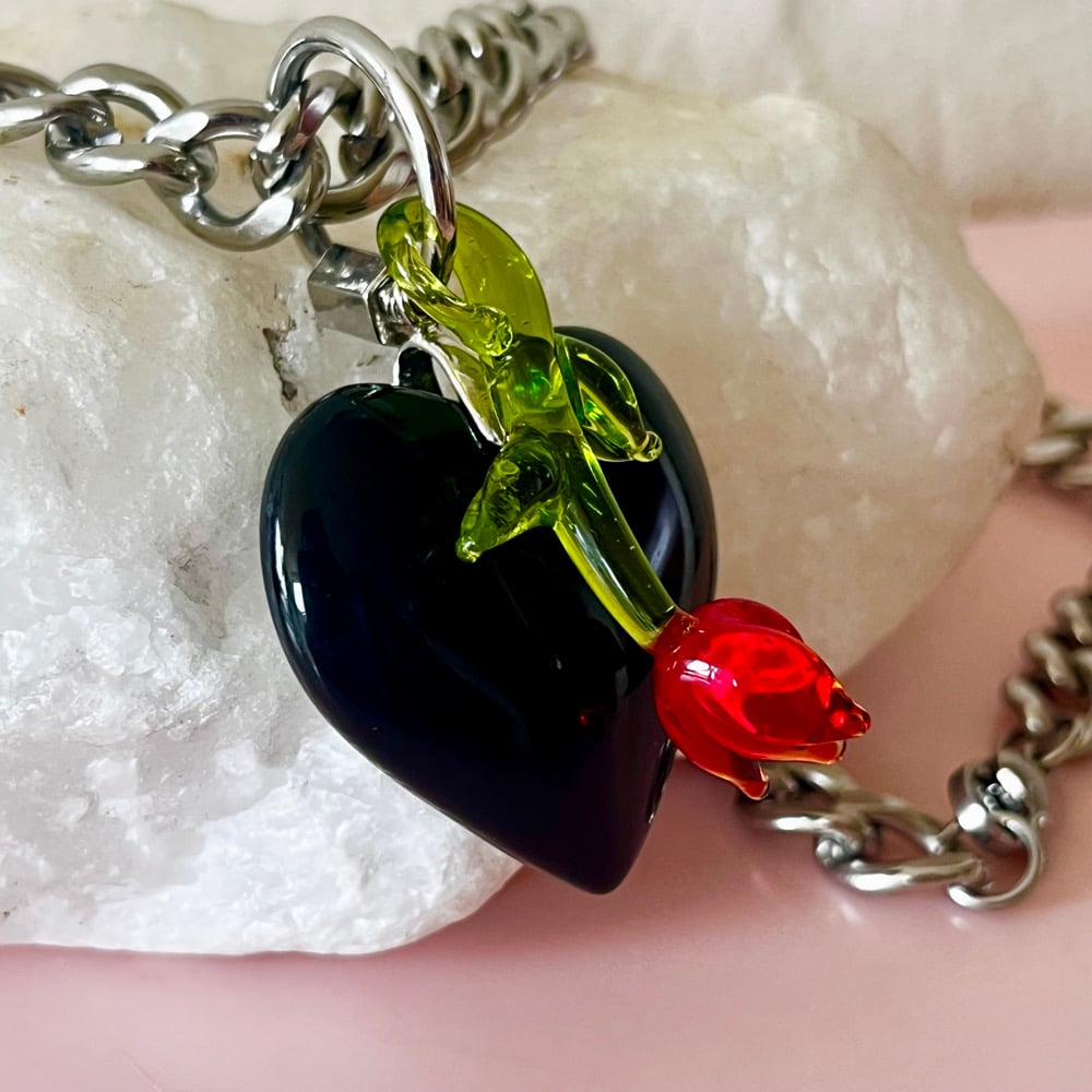 Image of Chunky Black Glass Heart and Glass Rose Necklace