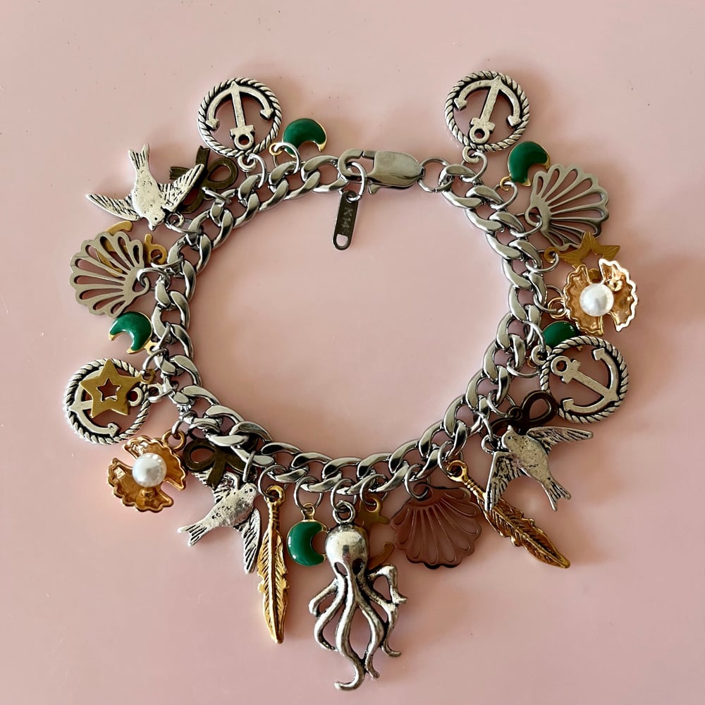 Image of One of a Kind Charm Bracelet - Octopus, shells, green moons, anchors
