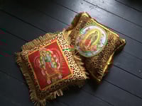 Image 6 of Leopard print fabric and red virgin of Guadalupe cushion cover with gold fringe or black fringe