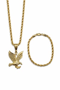 Image 2 of Gold Plated Eagle Pendant Rope Chain Set 4mm 22” Necklace & 8” Bracelet | Eagle Pendant 