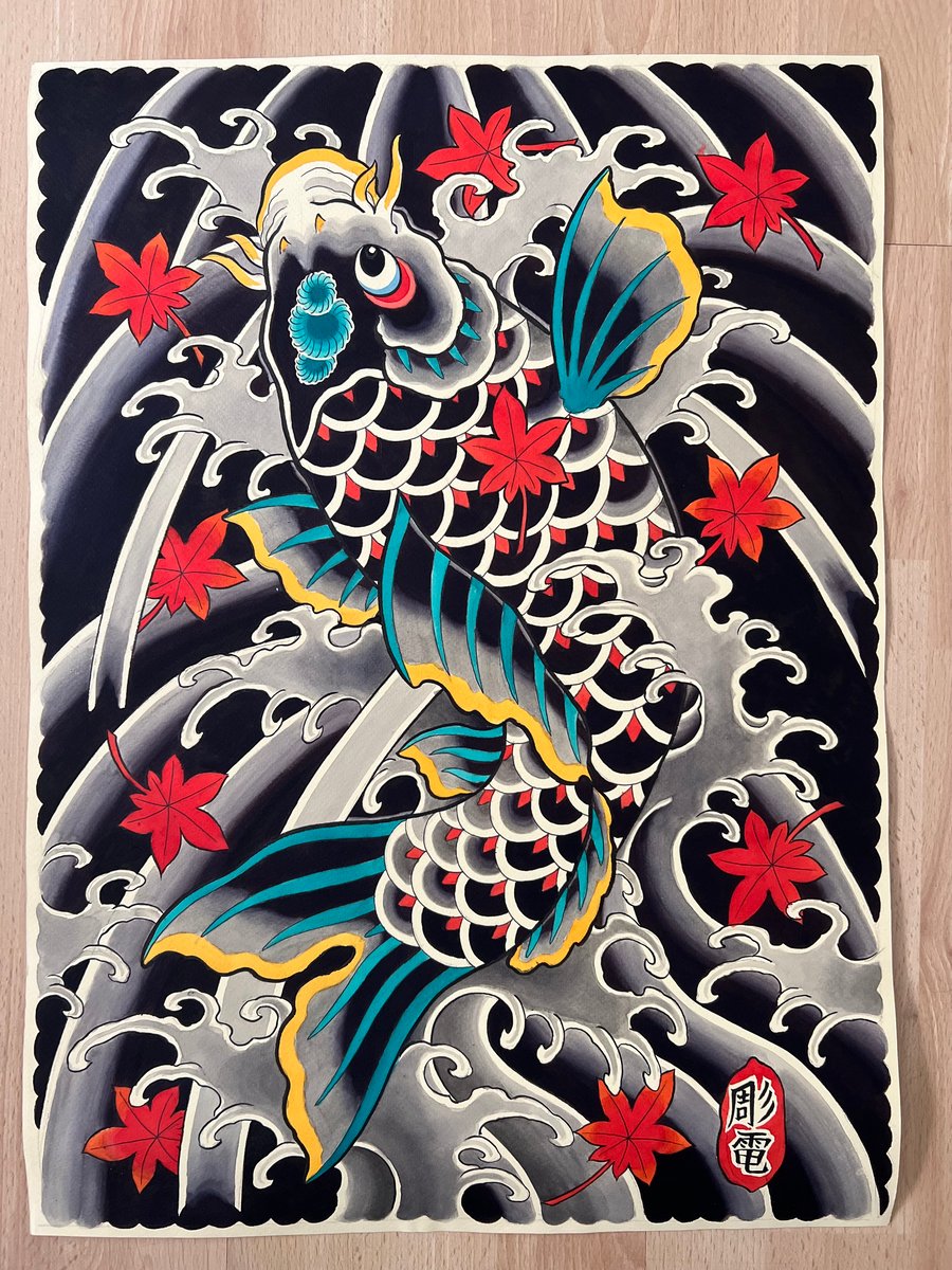 Black Koi Original Painting | DENEKA HORIDEN 彫電