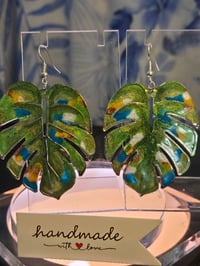 Image 3 of Handcrafted Resin Monstera Leaf Earrings 
