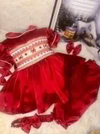 Image 2 of Girls red satin handsmocked pyjamas 