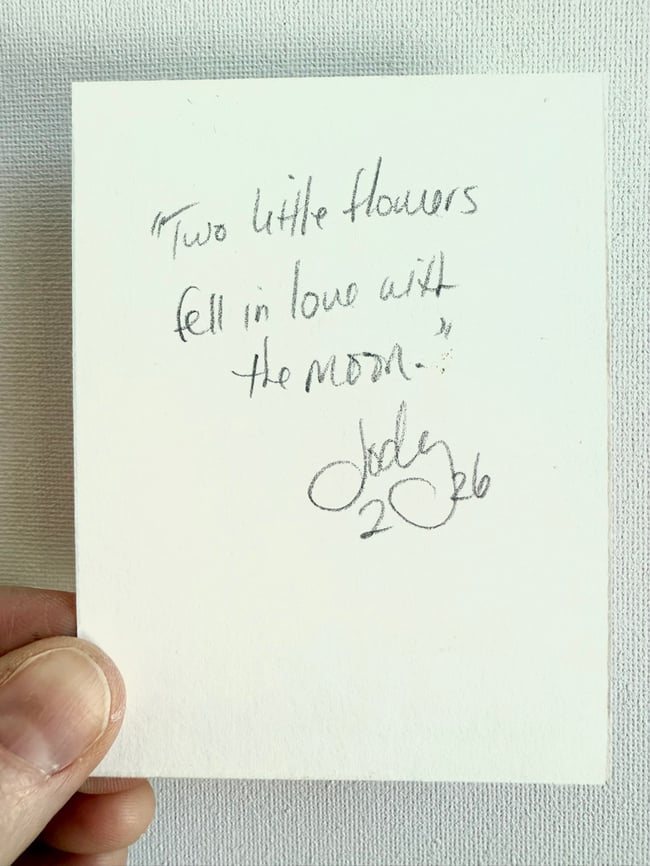 Two little flowers fell in love with the moon. Original mini painting