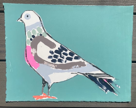 Image of Duck egg blue pigeon monoprint 