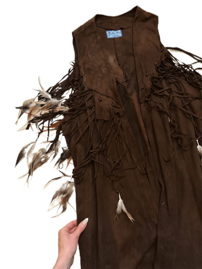 early 70s long new mexican chamois suede feather vest waistcoat duster vest