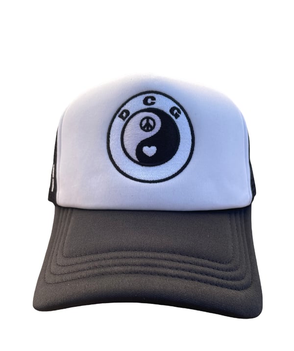 Image of PEACE LOVE and BALANCE black on black trucker 