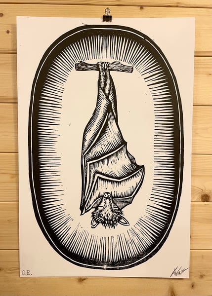 Image of SLEEPY BAT woodcut poster