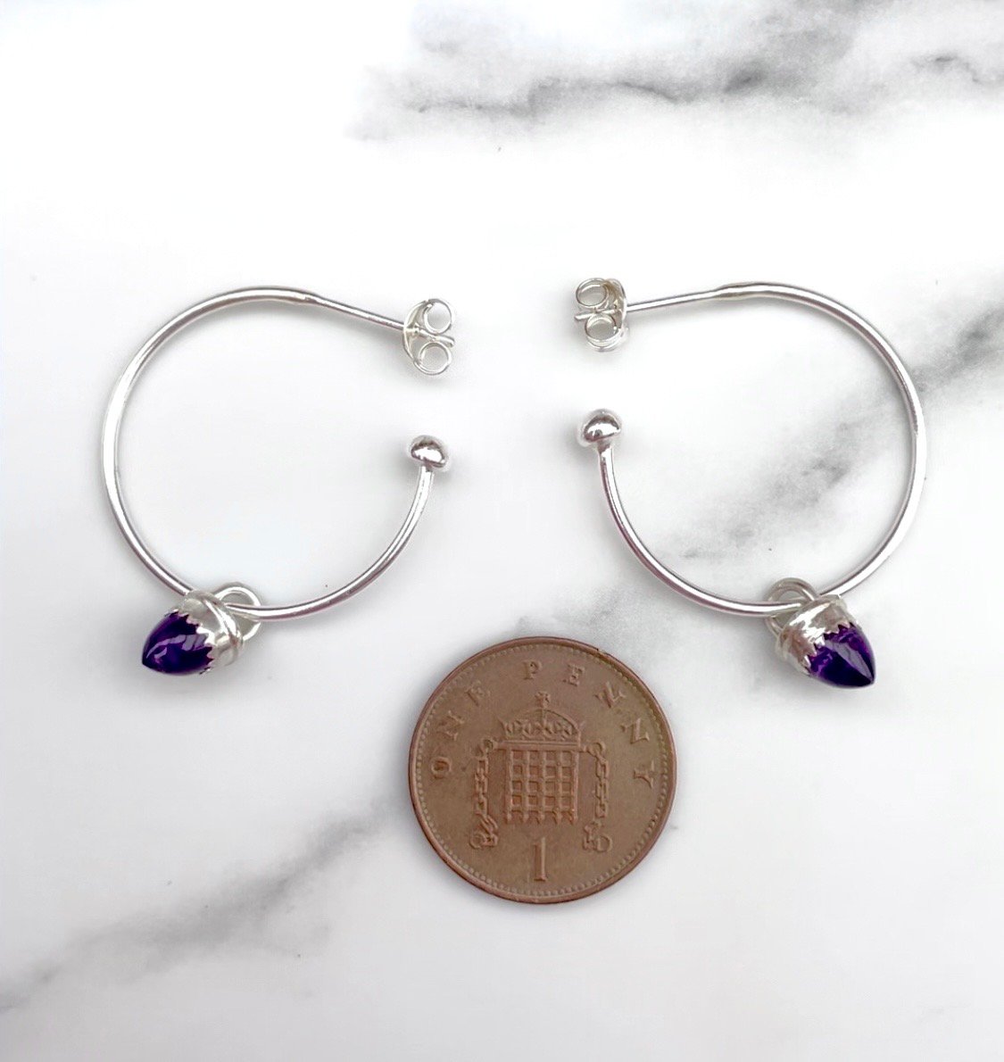 Image of Handmade Amethyst Bullet Sterling Silver Hoop Earrings 925
