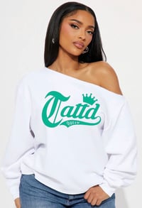 73% off VDAY SWEATER!!! Tattd Queen off shoulder👑!!! WHITE&teal 🤍🩵