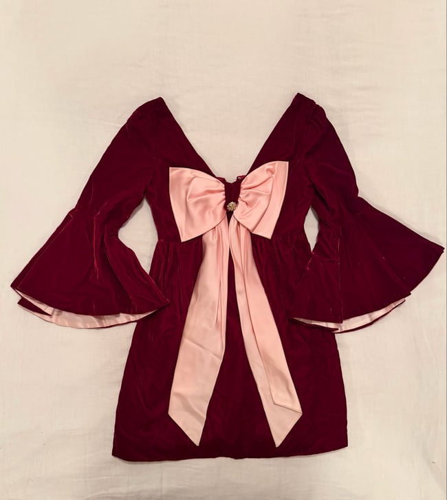 late 1960s jeweltone ruby velvet and satin trumpet sleeve mini dress with huge bow