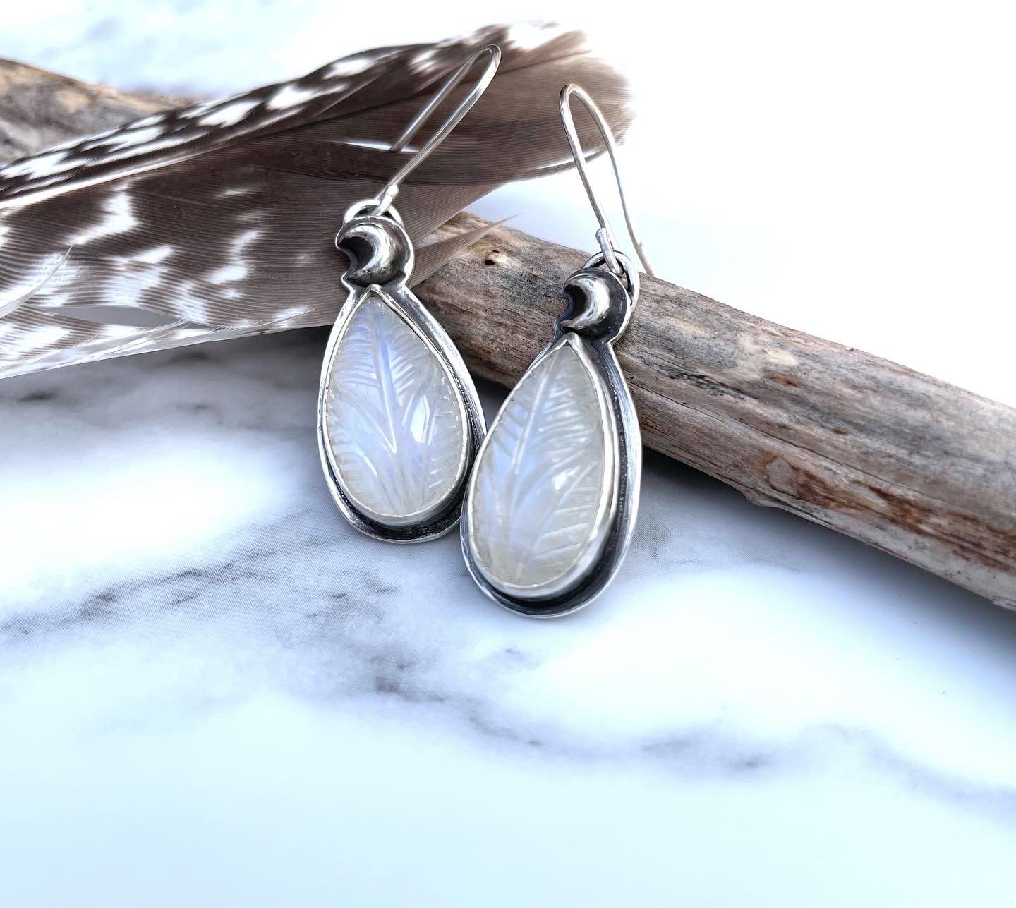 Image of Handmade Sterling Silver Moonstone Celestial Moon Earrings 925