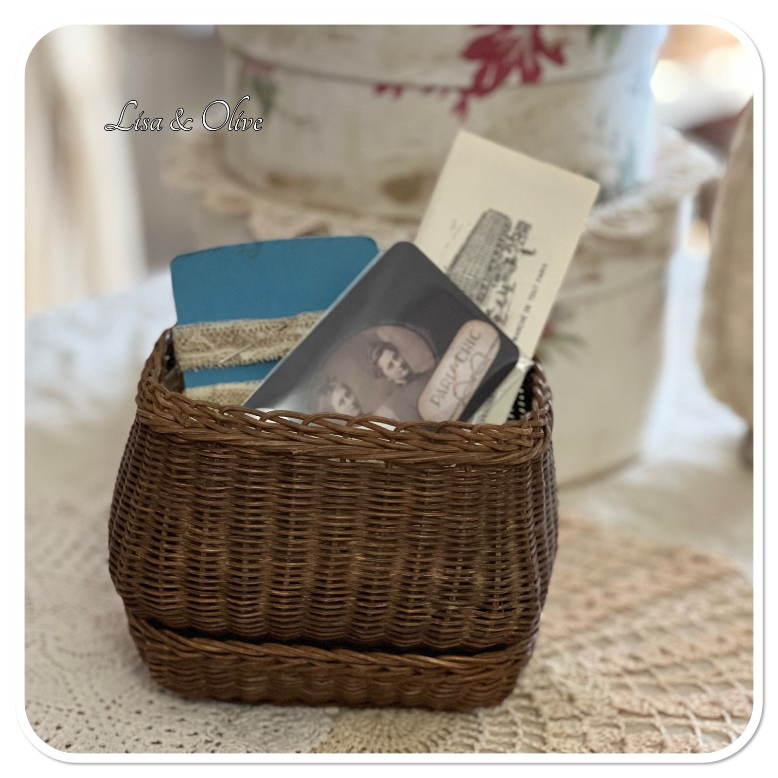 vintage french sewing basket with lace buttons and fabric samples