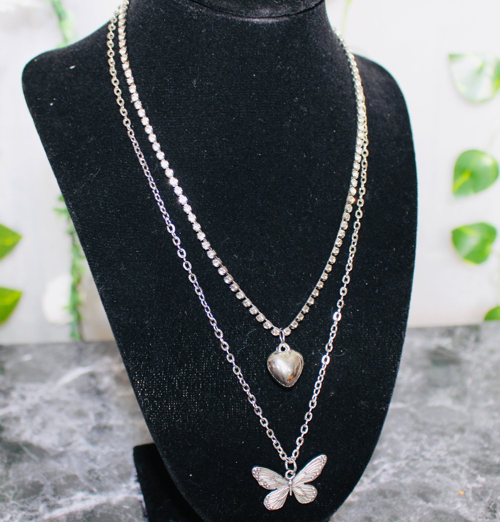 Image of Butterfly And Heart Tennis Layered Necklace