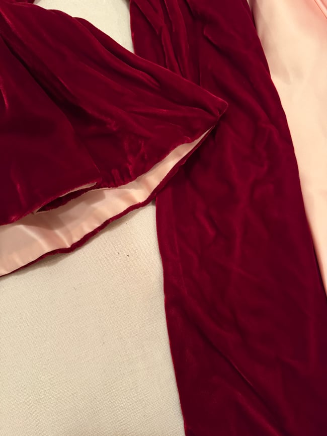 late 1960s jeweltone ruby velvet and satin trumpet sleeve mini dress with huge bow