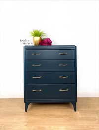 Image 1 of Vintage Lebus CHEST OF DRAWERS painted in navy with green undertone.