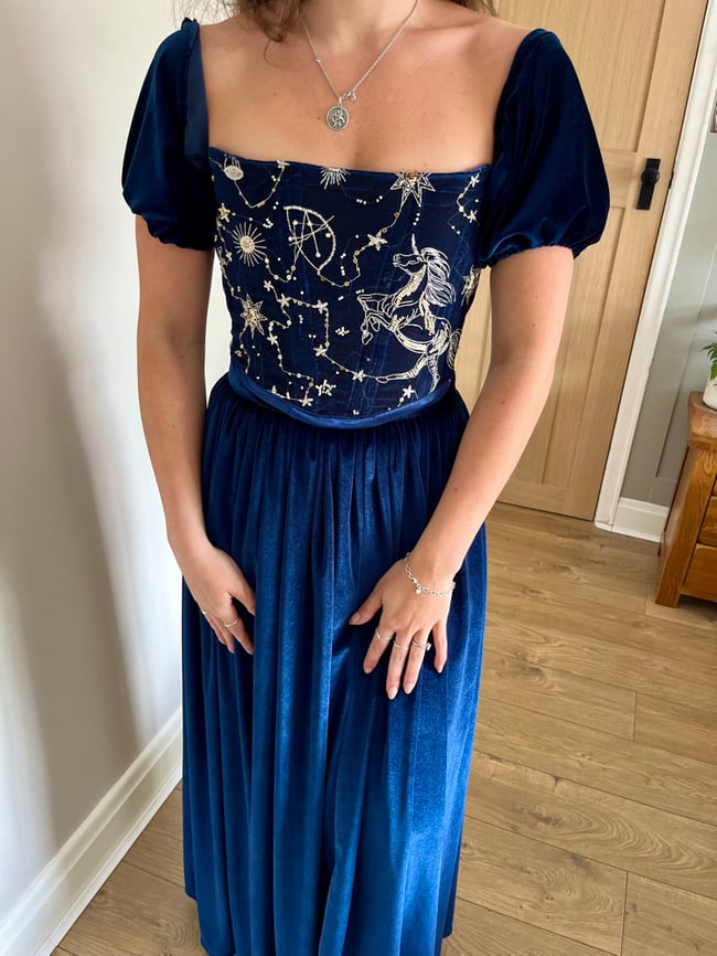The Midnight outfit. Handmade corset with puffy sleeves and matching skirt