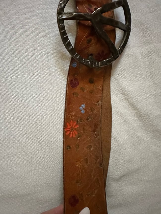 late 60s tooled leather PEACE belt