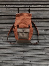 Image 5 of Dry waxed canvas backpack /hipster backpack with roll up top and double bottle pocket