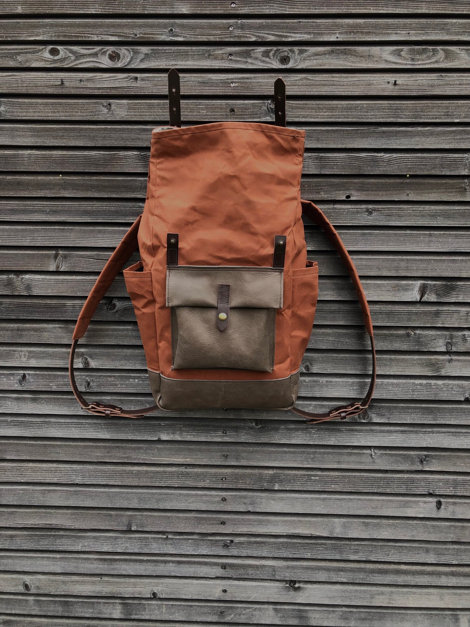 Image of Dry waxed canvas backpack /hipster backpack with roll up top and double bottle pocket