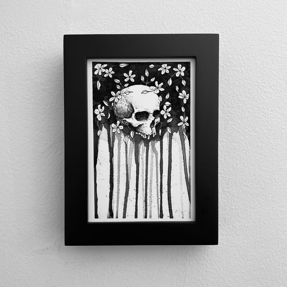 Skull Flowers Ink Watercolor Print