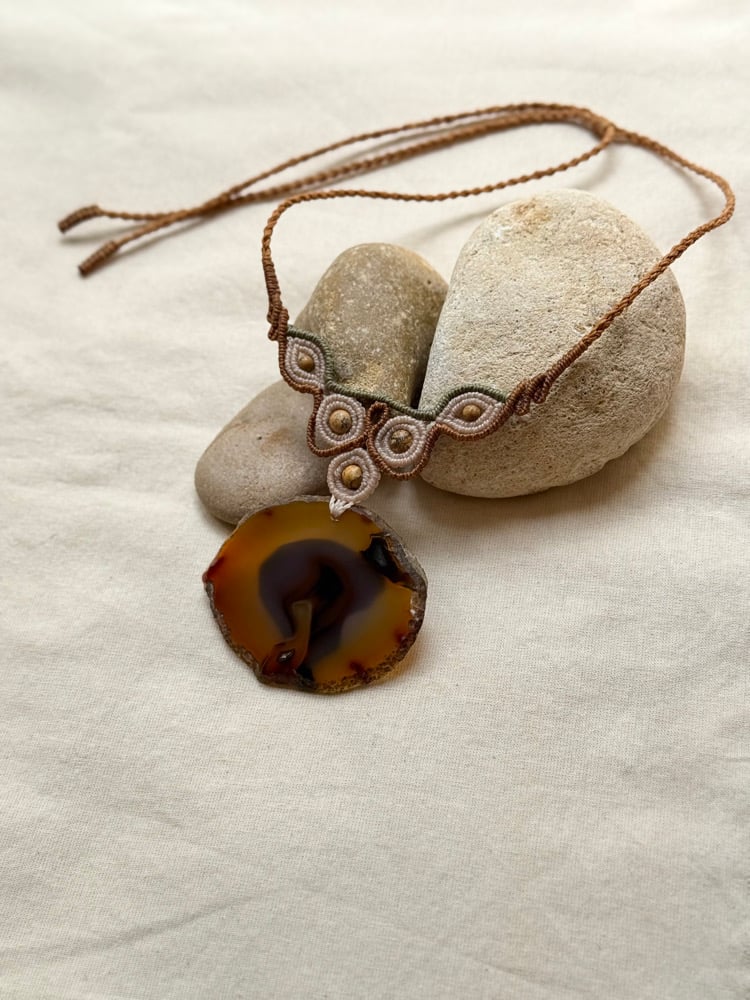 Image of Macrame necklace with agate and picture jasper beads 
