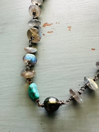 Image 2 of wire wrapped labradorite turquoise and Tahitian pearl necklace