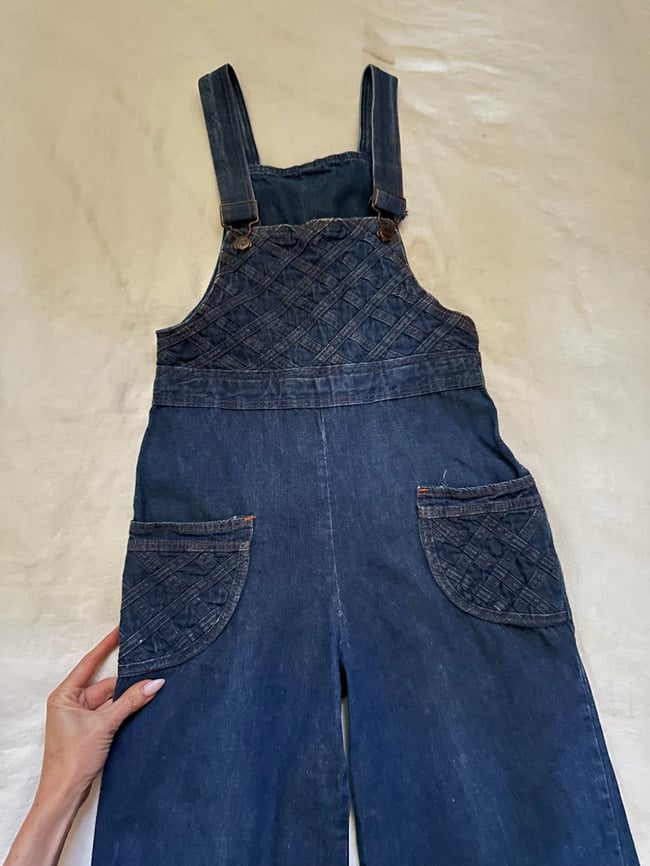 1970s overalls bellbottom jean denim fitted basketweave 