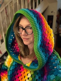 Image 3 of HYPER RAINBOW - Rainbow crochet full length large hooded jumper - long hoodie