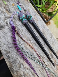 Image 4 of Beaded feather and turquoise hair stix