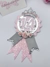 Birthday Badge birthday rosette in baby pink and silver 