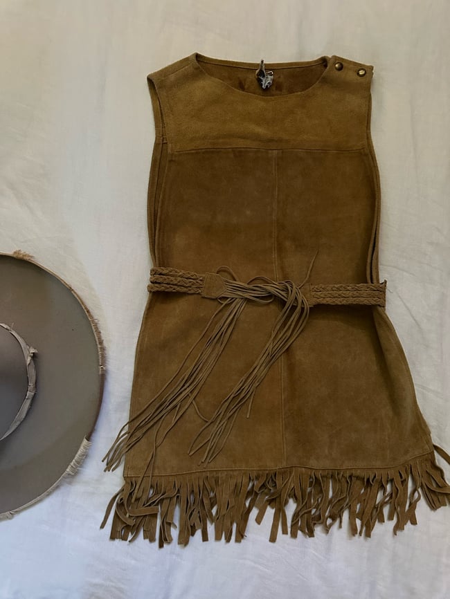 late 60s fringe wrap around suede mini dress