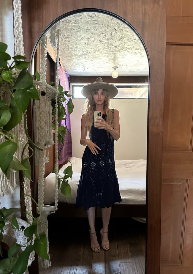 70s does 20s Saks Fifth Avenue sapphire silk flapper dress 