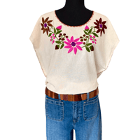 Image 2 of Vintage Traditional Cotton Hand Embroidered Floral Peasant Top- Made in Mexico 