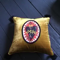 Image 1 of  Black sacred heart cushion cover  in gold cotton velvet fabric and black tassels