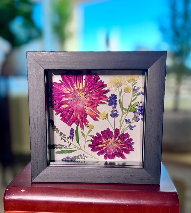 Zinnia, Mum, Lavender & Butterfly Bush - Wildflower Art In 6" X 6" Shadow Box (Item# 202303S)
