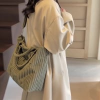 Image 13 of Women's Fashion Solid Color Corduroy Large Capacity Tote Bag, Letter Pattern with Contrast Design Ad