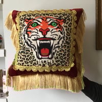 Image 9 of Red Velvet Leopard Tiger Patch Fringed Cushion Cover