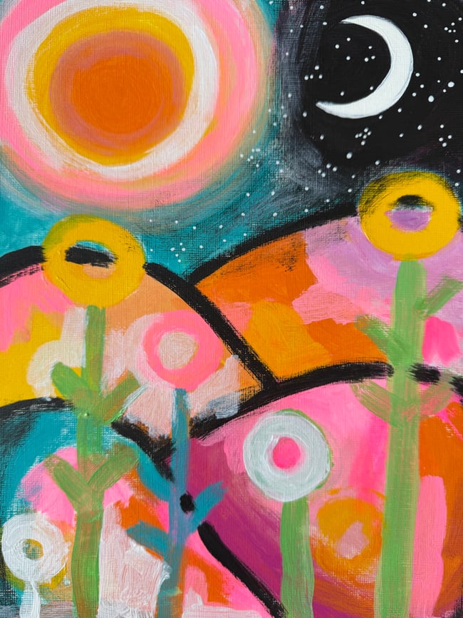 Five little flowers fell in love with the moon. Original paper painting.