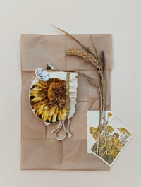 Image 1 of Sunflower Ruffle Bear handmade baby bonnet