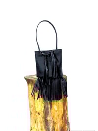 Image 1 of Midnight Black Leather Fringed Skinny Top Handle Mini Bucket