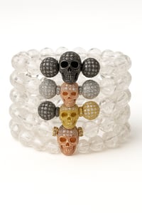 Image 1 of Fearless Royalty – Clear Quartz Bracelet Stack with Pavé Skull Charms (5-Piece Set)