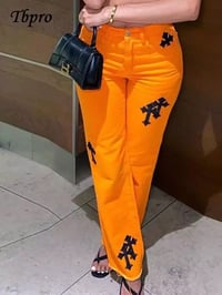 Image 2 of Orange Jeans Fashion Low Waist Straight Denim Trousers Female Harajuku Streetwear 