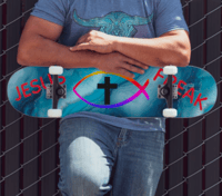 Image 1 of 7 3/4" Skateboard ( JESUS FREAK WITH FISH AND CROSS ON BLUE)