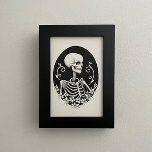 Skeleton And Flowers Original Drawing in Frame