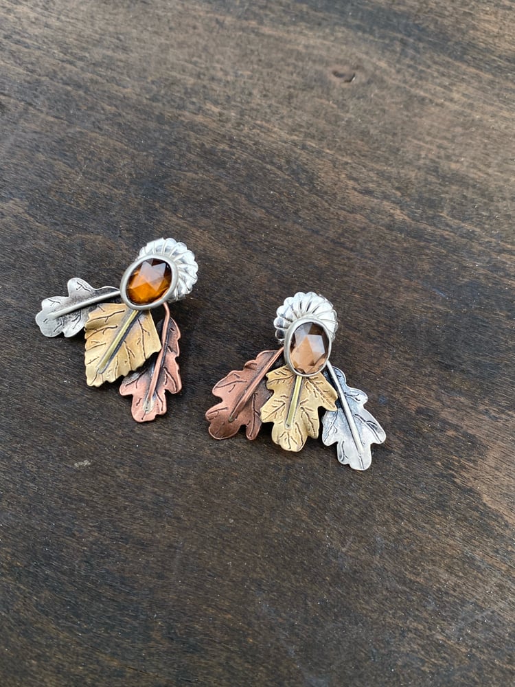 Image of Mixed Leaf Mixed Metal Mismatch Color Zircon Jacket Earrings