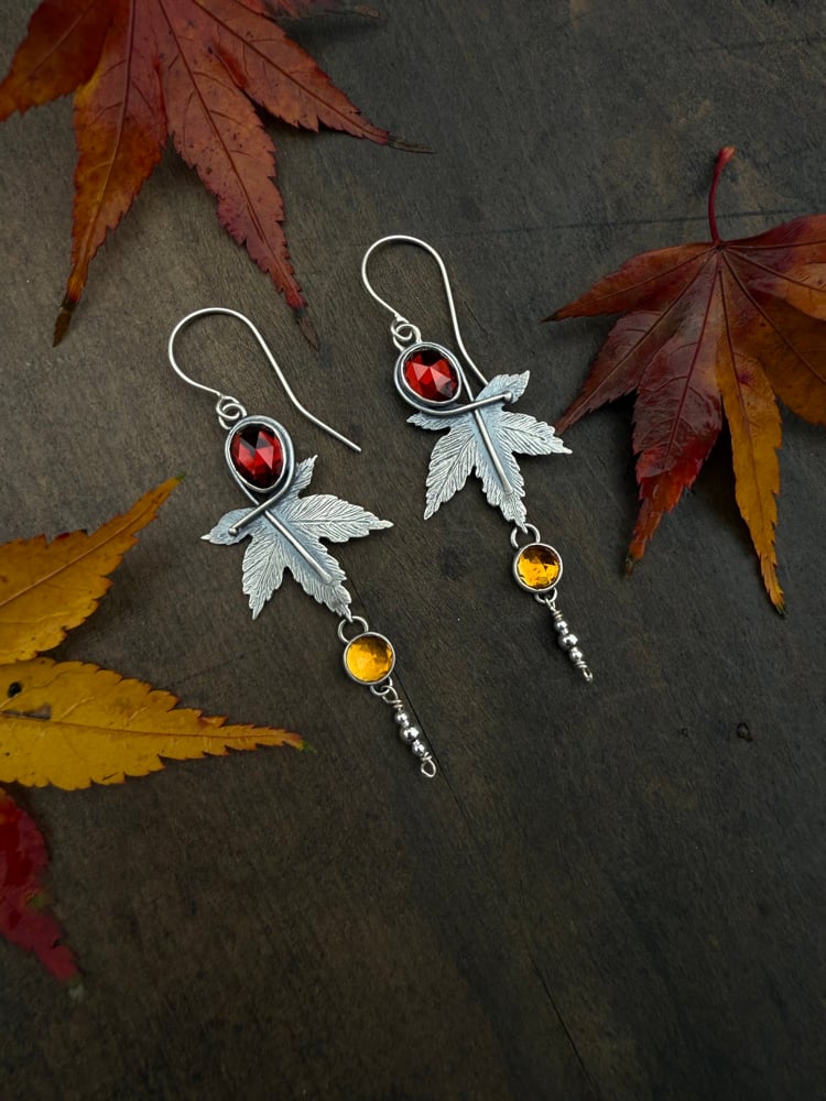 Image of Japanese Maple Leaf Garnet Citrine Dangle Earrings
