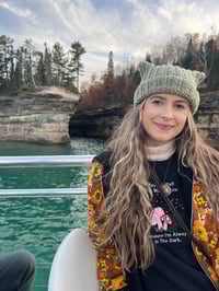 Image 5 of Green Velvet Patchwork Crochet Kitty Beanie | Ready to Wear