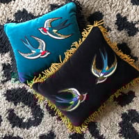 Image 3 of Teal Cotton Velvet Cushion With Swallow Embroidery Patches