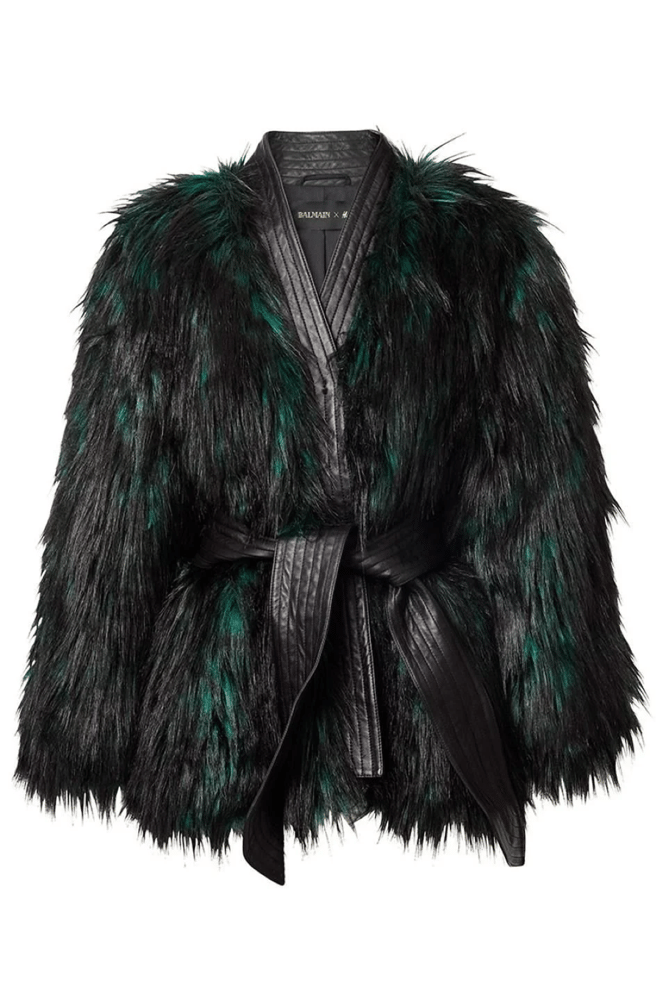 Image of BALMAIN x HM GREEN FAUX FUR TIE UP JACKET (SIZE )